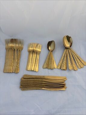 Gold-Tone Ornate Flatware Set - Elegant Home Dining Cutlery 59 Piece Set